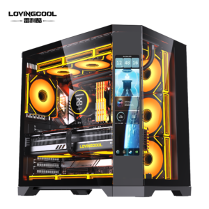 Gabinete para PC LOVINGCOOL com tela secundária extragrande e monitor LCD para jogos, formato ATX, ideal para desktops.